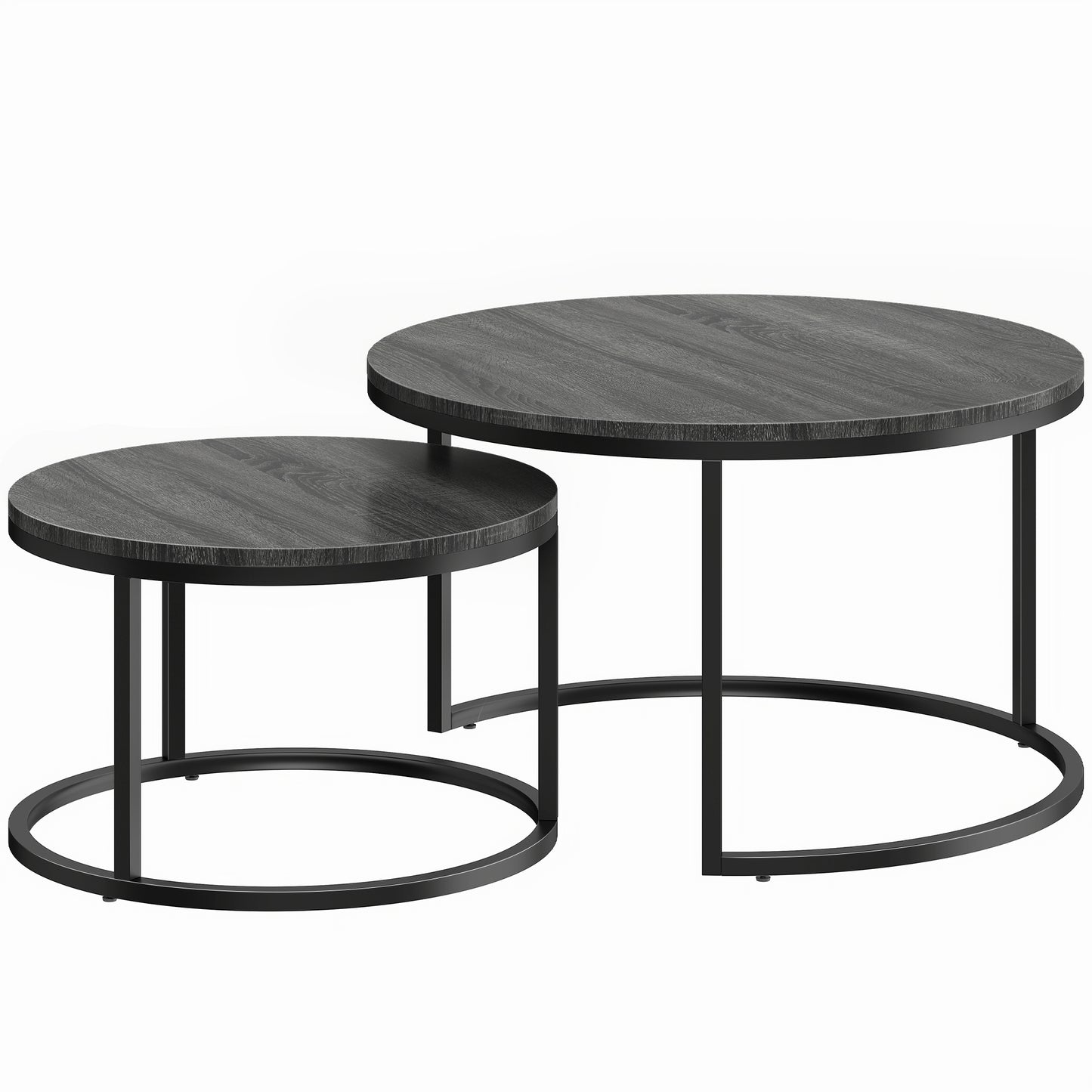 Set of 2 Round Nesting Coffee Tables | Wood-Effect MDF Top | Steel Frame | 50kg | Black Wood Grain
