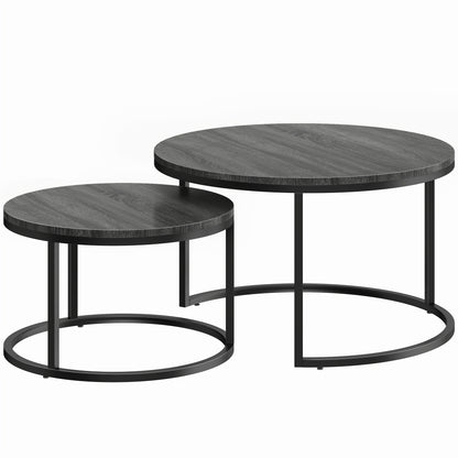 Set of 2 Round Nesting Coffee Tables | Wood-Effect MDF Top | Steel Frame | 50kg | Black Wood Grain