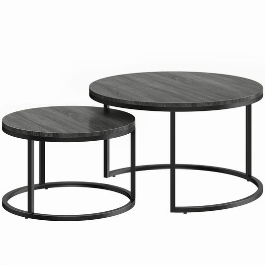 Set of 2 Round Nesting Coffee Tables | Wood-Effect MDF Top | Steel Frame | 50kg | Black Wood Grain