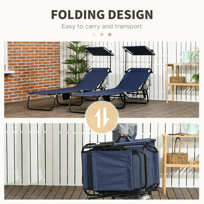 2 Piece Folding Sun Loungers with Canopy, Adjustable Recliner Garden Chairs with Side Pocket, Steel Frame and Breathable Mesh, Dark Blue