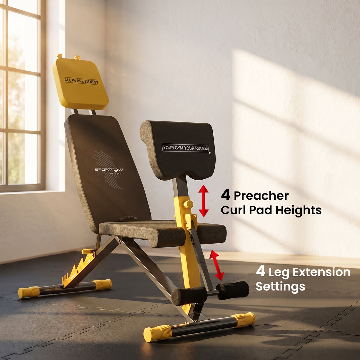 Adjustable Weight Bench | 300kg Capacity | 7 Backrest Positions | Preacher Curl | Leg Extension | Foldable | Home Gym | Yellow