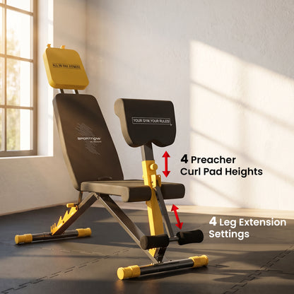 Adjustable Weight Bench | 300kg Capacity | 7 Backrest Positions | Preacher Curl | Leg Extension | Foldable | Home Gym | Yellow