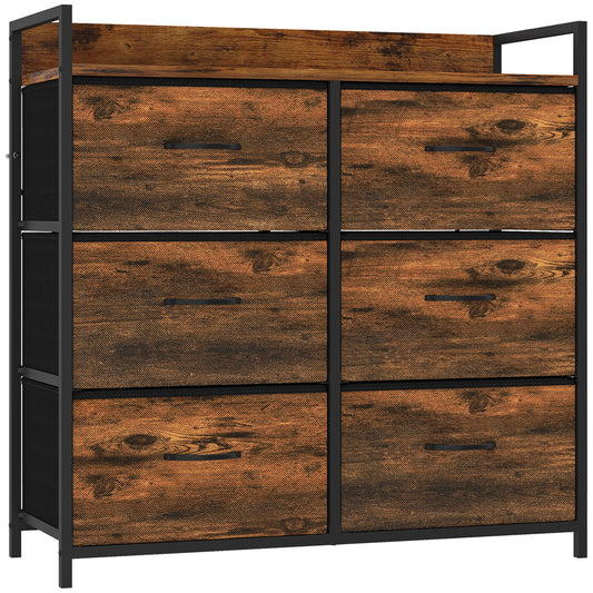 Rustic Chest of Six Fabric Drawers | Rustic Brown & Black | Linen Fabric Steel Particleboard | 80x29x85cm | 35kg Max Load | Adjustable Feet | Industrial Style | Bedroom Storage