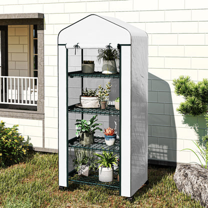 Mini Portable Greenhouse | 4 Shelves | Transparent PE Cover | Double-Zip Door | Lockable Rolling Wheels | 10kg Per Shelf | Balcony & Patio | 69 x 50 x 165cm | White