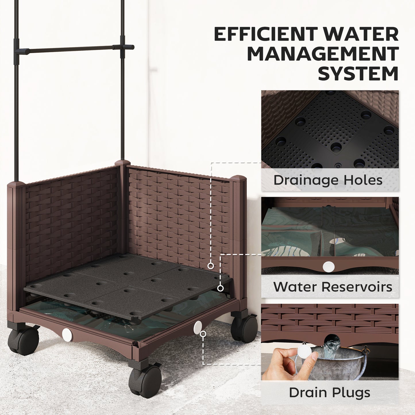 Raised Garden Bed with Adjustable Trellis & Tomato Cage | 4 Lockable Wheels | Bottom Water Tank | 4 Drainage Holes | 40L | Weather-Resistant PP | 40x40x182cm | 20kg | Brown