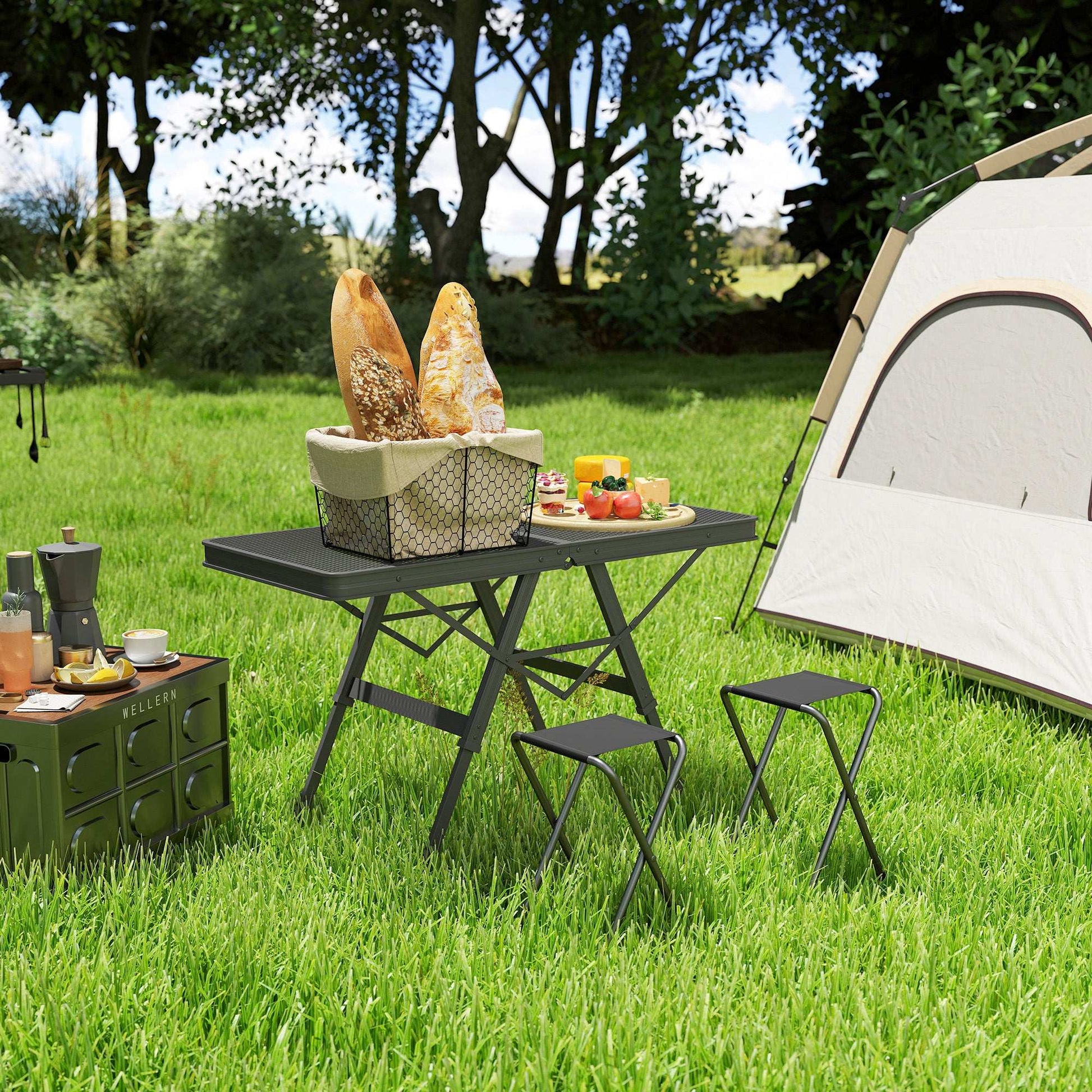 3 ft Folding Camping Table w/ Adjustable Heights, Outdoor Folding Picnic BBQ Table with Metal Mesh Desktop & Aluminium Legs, Lightweight