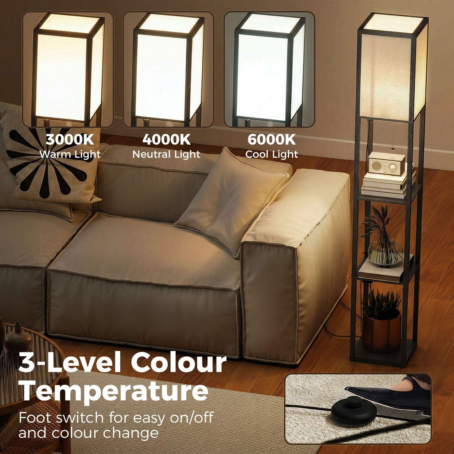 Floor Lamp with 3 Shelves | Column Design | MDF | E27 LED Included | Foot Switch | 160cm | 2.5kg per Tier | Black