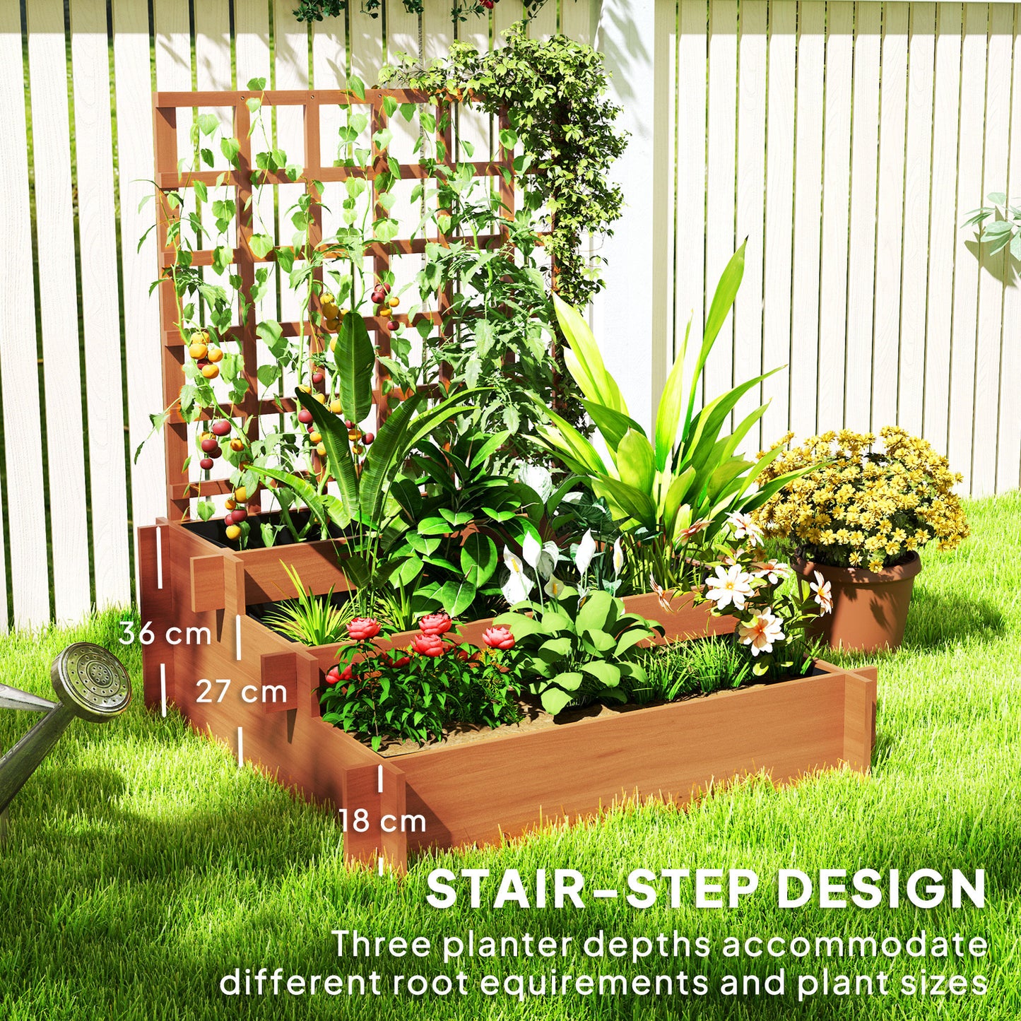 Outsunny 3 Tier Garden Planters with Trellis for Vine Climbing, Wooden Raised Beds, 95x95x110cm, Brown