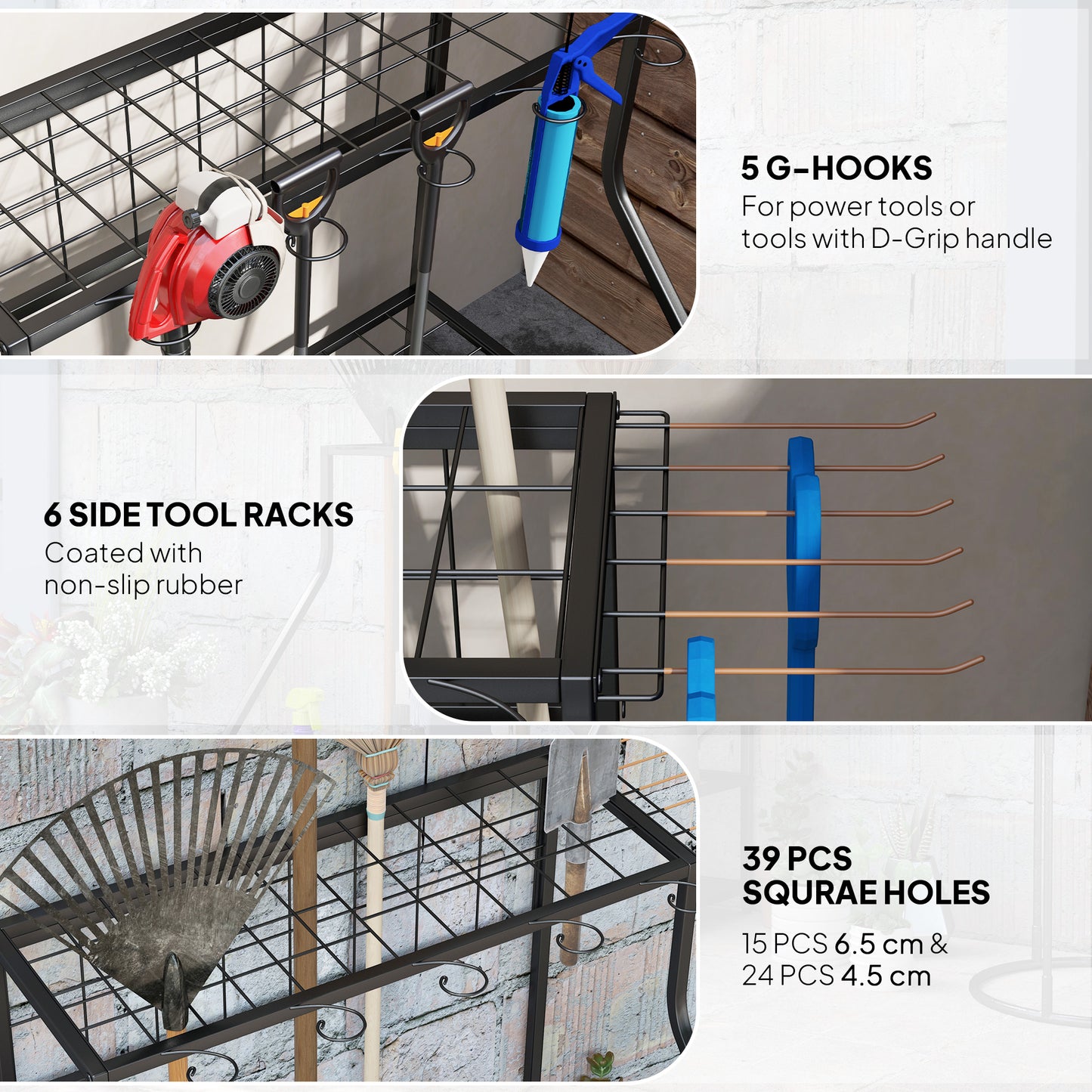 3-Tier Garden Tool Storage Rack | 20+ Tools | 5 G-Hooks & 6 Side Hooks | Adjustable Feet | Corner-Fit | Black