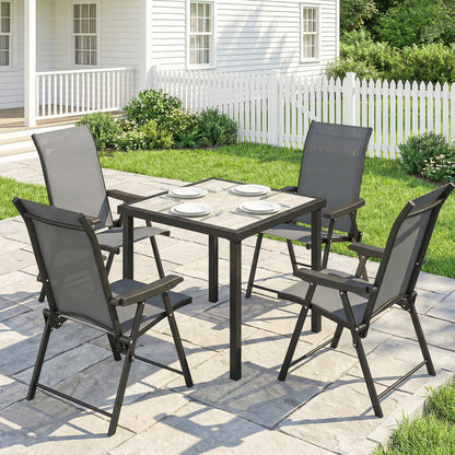 5-Piece Garden Dining Set for 4 | Folding Chairs | Faux Wood Table | Breathable Mesh | Grey