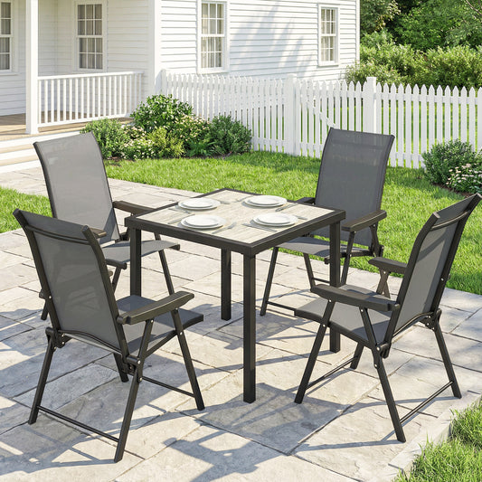 5-Piece Garden Dining Set for 4 | Folding Chairs | Faux Wood Table | Breathable Mesh | Grey