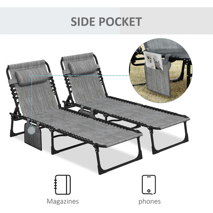 Portable Sun Lounger Set of 2, Folding Camping Bed Cot, Reclining Lounge Chair 5-position Adjustable Backrest with Side Pocket, Pillow - Mixed Grey