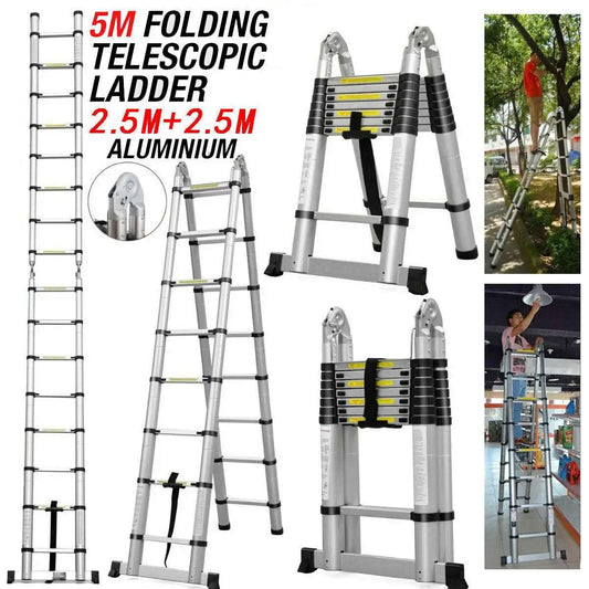 2.6M - 5M Multi Purpose Telescopic Ladder Sturdy Aluminium Telescoping Extension Ladders 330lb Max Load EN131 For Household Outdoor Work