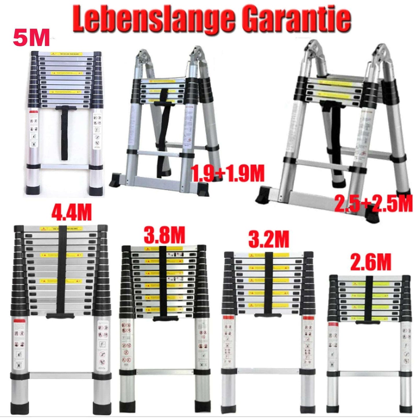 2.6M - 5M Multi Purpose Telescopic Ladder Sturdy Aluminium Telescoping Extension Ladders 330lb Max Load EN131 For Household Outdoor Work