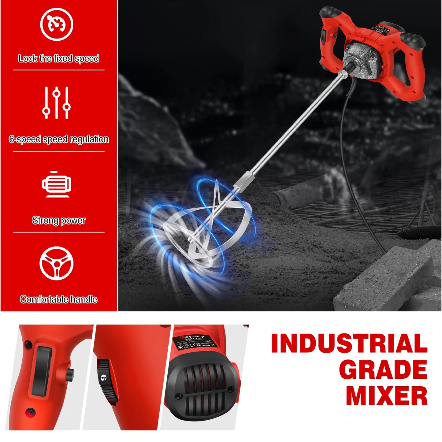 DayPlus 2600W Handheld Concrete Mixer Machine Paddle Mixer Adjustable 6 Speed Stirrer Electric Mix Stirring Tool M14 Mixing Rod
