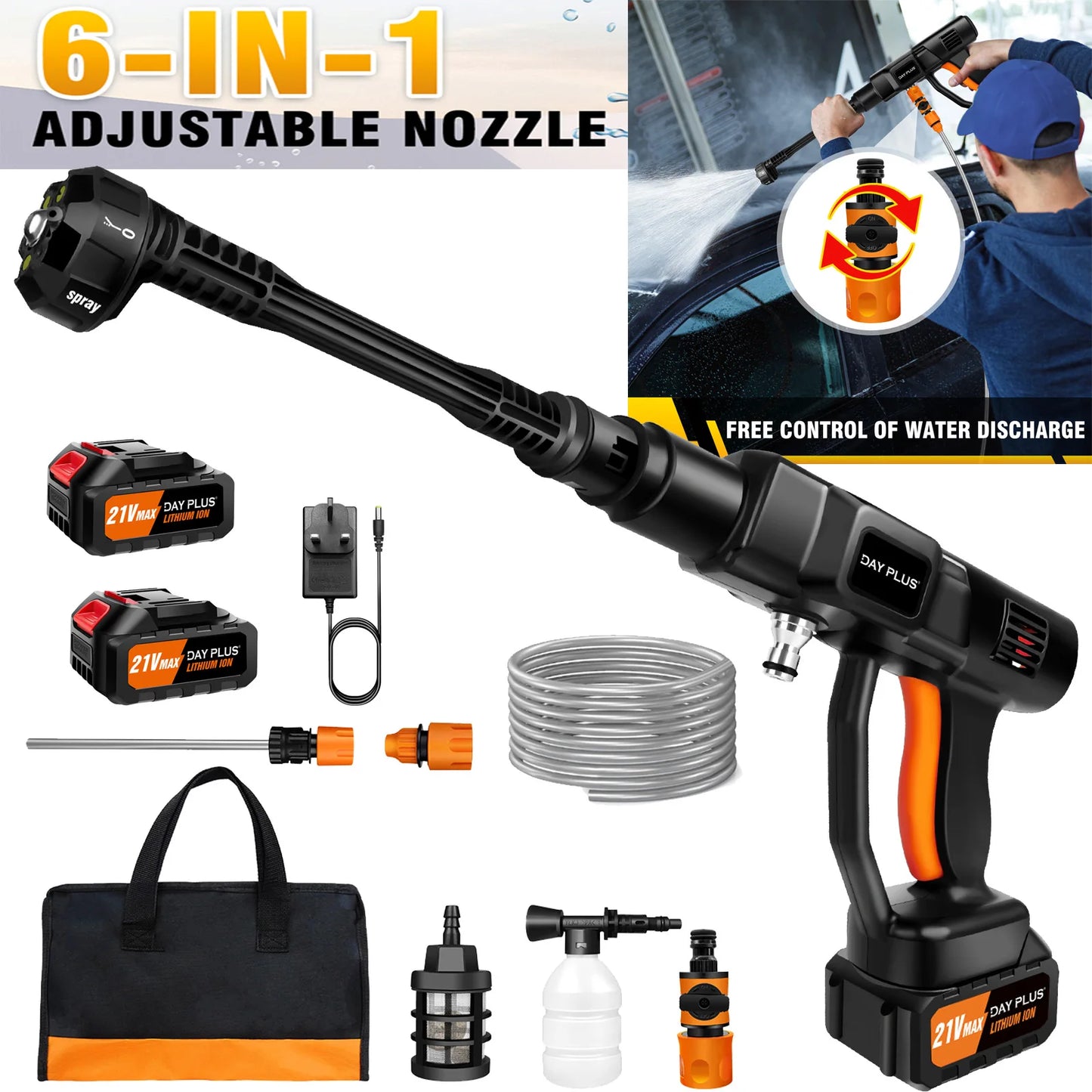 DayPlus Cordless Pressure Washer Portable Power Cars Washer Cleaner 3.0Ah Battery Powered High Pressure  for Garden Floor,150BAR