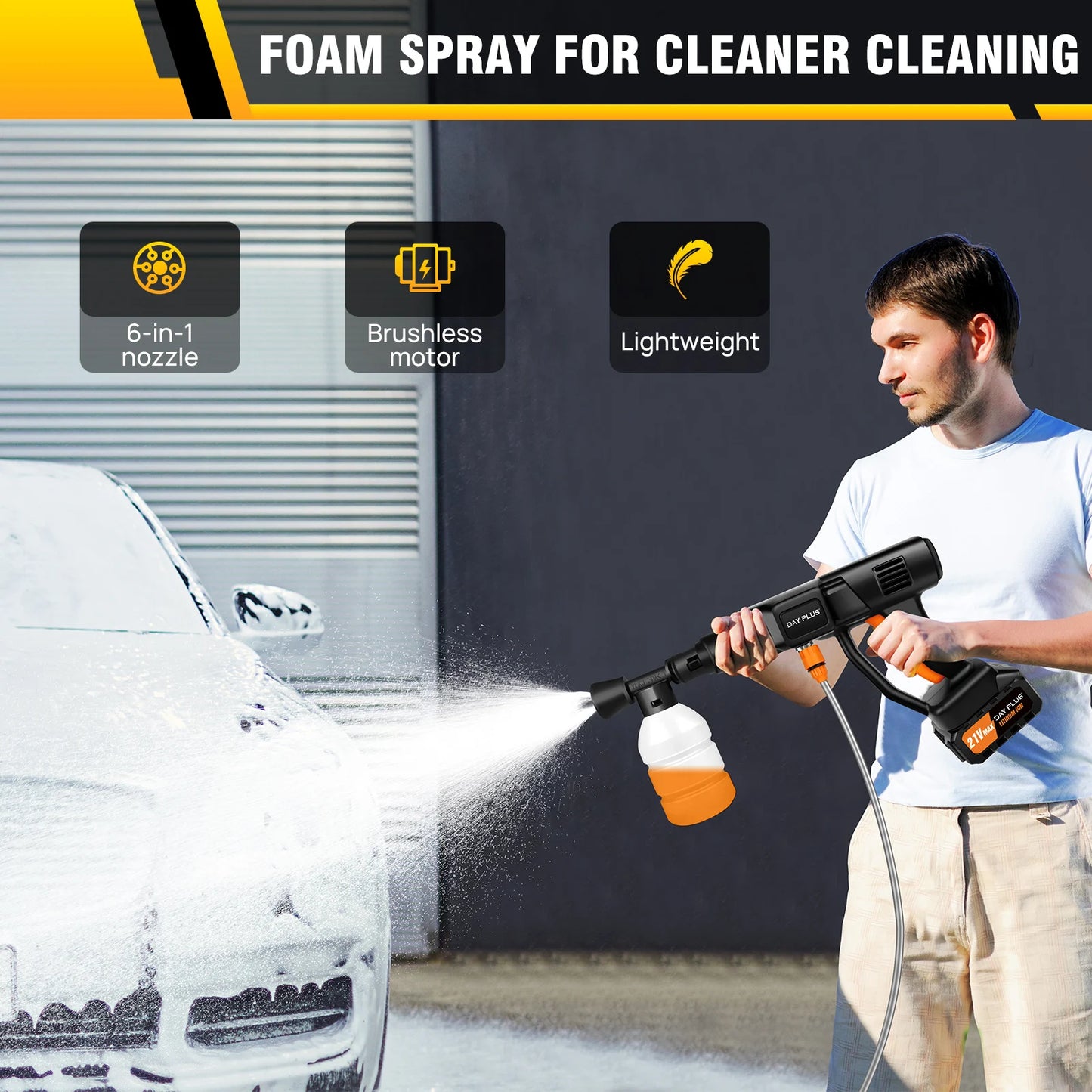 DayPlus Cordless Pressure Washer Portable Power Cars Washer Cleaner 3.0Ah Battery Powered High Pressure  for Garden Floor,150BAR