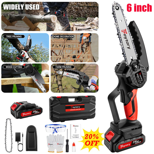Feytory Mini Chainsaw Cordless 6 Inch With Large LI-ion Battery, Powerful Electric Chainsaw With 2 Chains And Security Lock Saw