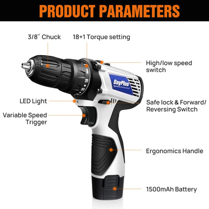DayPlus Mini Cordless Drill Driver Kit 12V Electric Screwdriver Tool + LED Work Work Light, High Torque 45N.m,3/8Inch Keyless Chuck,18+1