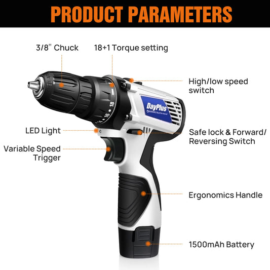 DayPlus Mini Cordless Drill Driver Kit 12V Electric Screwdriver Tool + LED Work Work Light, High Torque 45N.m,3/8Inch Keyless Chuck,18+1