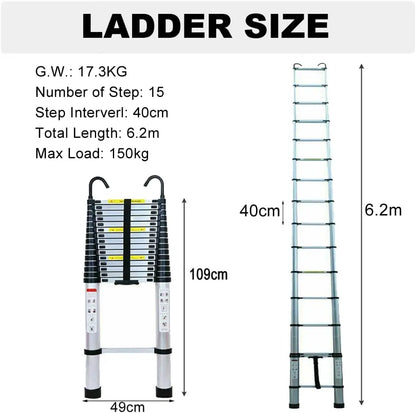 Telescopic Ladder 6.2M/20.3FT W/Detachable Hooks & Extendable Steps, Folding Tall Loft Collapsible Ladder with Non-Slip Feet