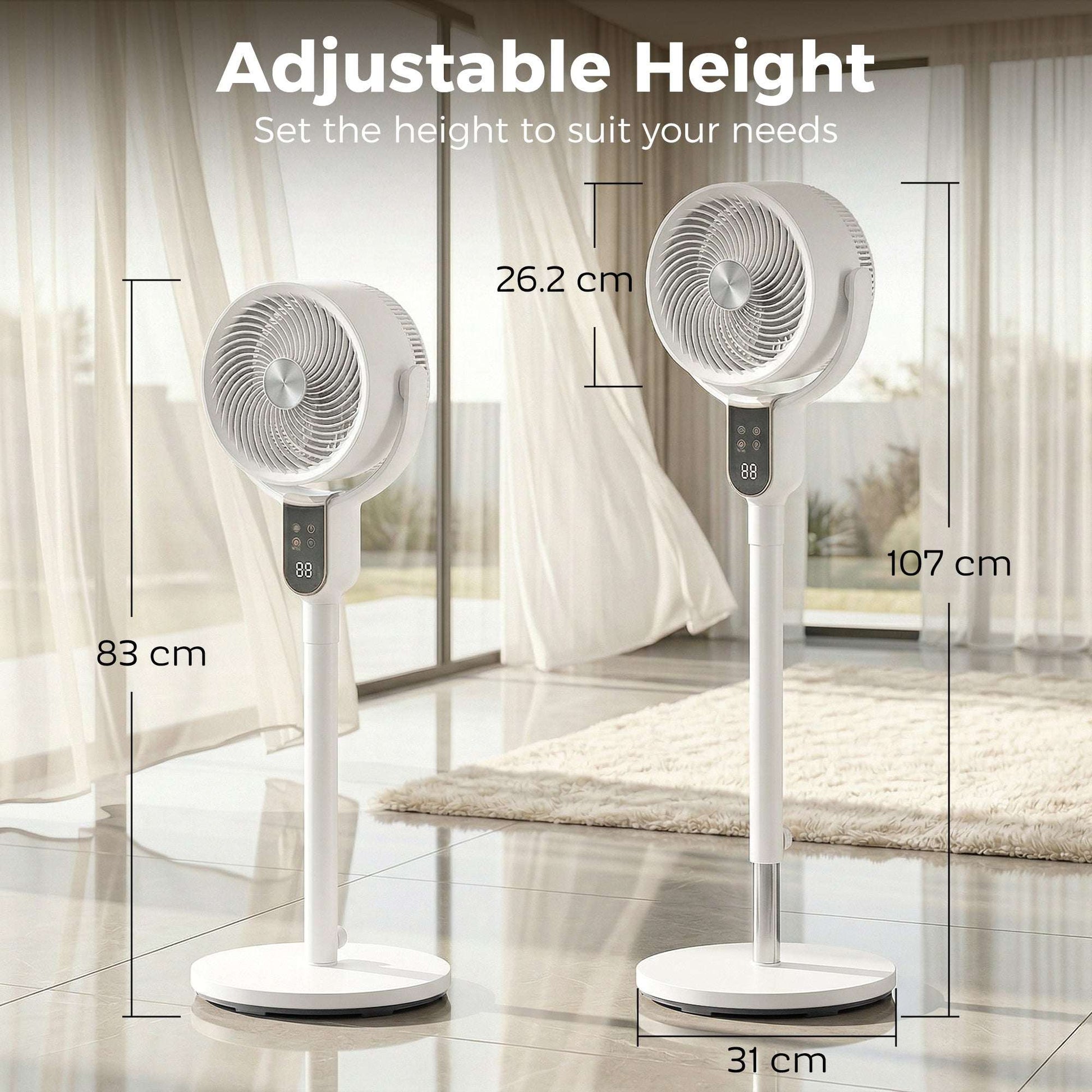 Pedestal Standing Fan | Turbo Mode | 20dB Sleep Mode | 8 Speeds | 16m³/min Airflow | 90° Oscillation | Aromatherapy Pad | Detachable Washable Grill | 5m Remote | 12H Timer | 50W | 83-107cm | White