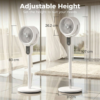 Pedestal Standing Fan | Turbo Mode | 20dB Sleep Mode | 8 Speeds | 16m³/min Airflow | 90° Oscillation | Aromatherapy Pad | Detachable Washable Grill | 5m Remote | 12H Timer | 50W | 83-107cm | White