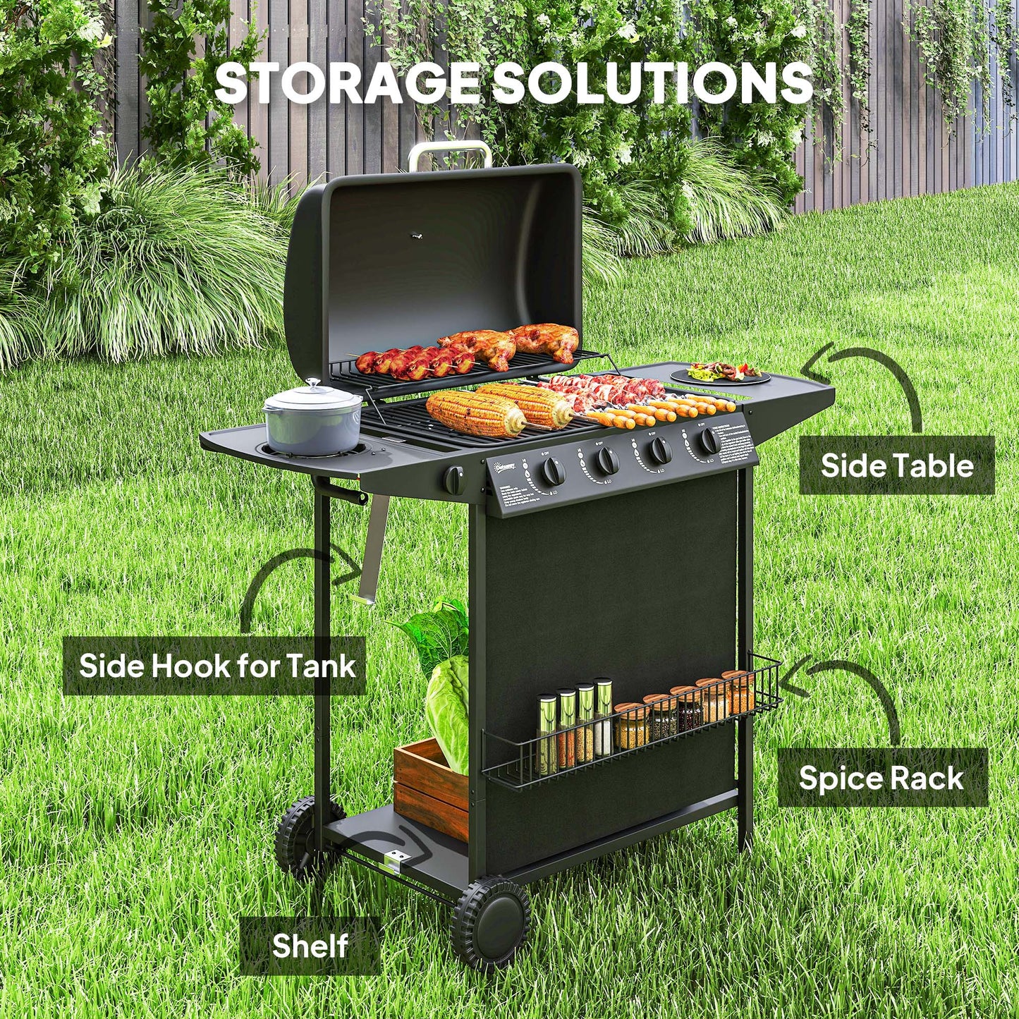 4+1 Burner Gas BBQ Grill, Portable Gas Barbecue Grill with Built-in Thermometer, Lid, Side Table, Shelf, Spice Rack, Wheels, Grease Cup, Black