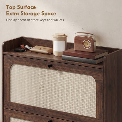 Boho Narrow Shoe Cabinet | 2 Flip Drawers | Rattan Fronts | 12-16 Pairs | Adjustable Shelves | Anti-Tip Hardware | Melamine Coating | 40kg Capacity | 80x23.7x99.5cm | Dark Brown