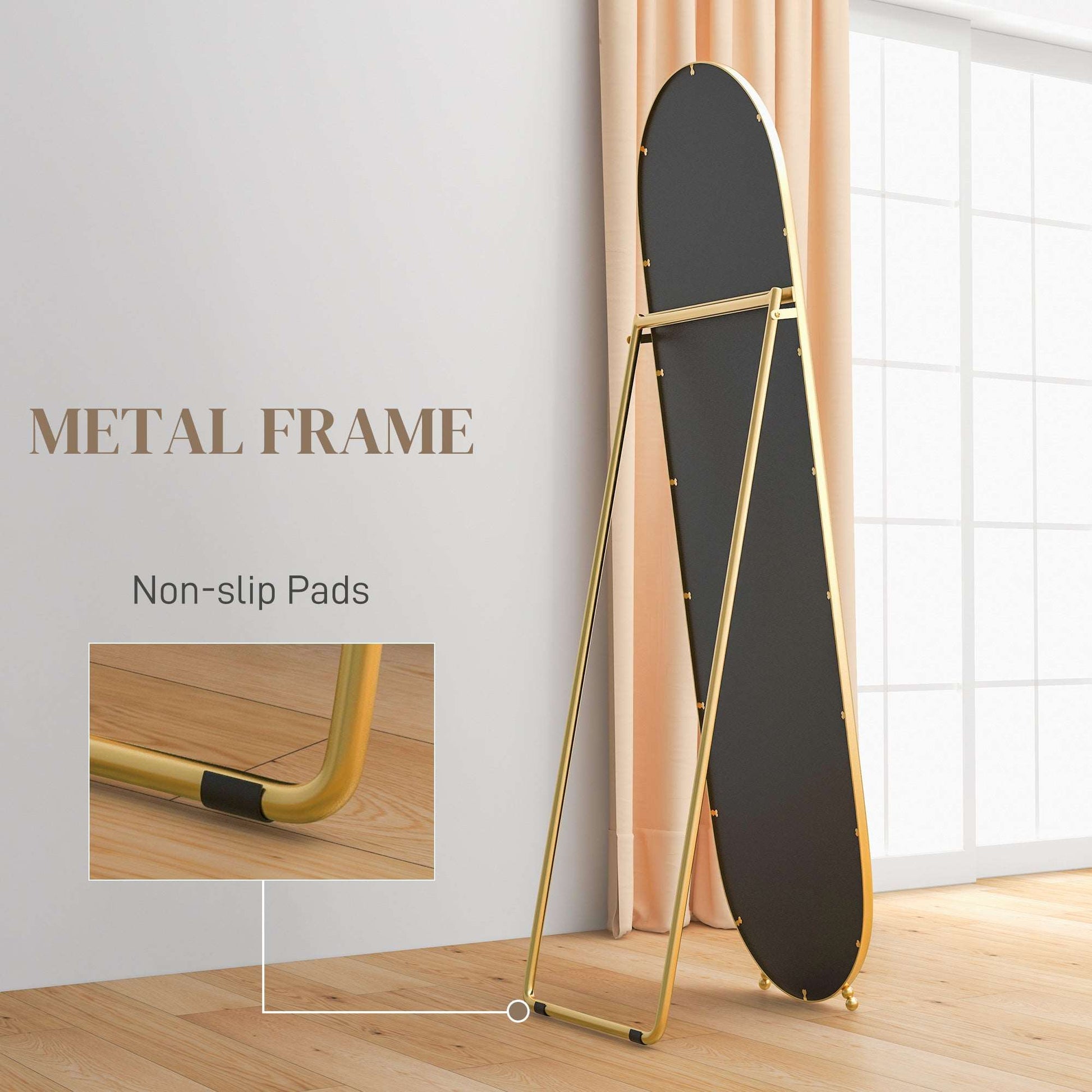 40 x 160cm Full Length Mirror, Floor Standing, Wall-Mounted or Leaning Against Wall Tall Mirror with Support Frame, Oval Full Body Mirror for Bedroom, Living Room, Gold Tone