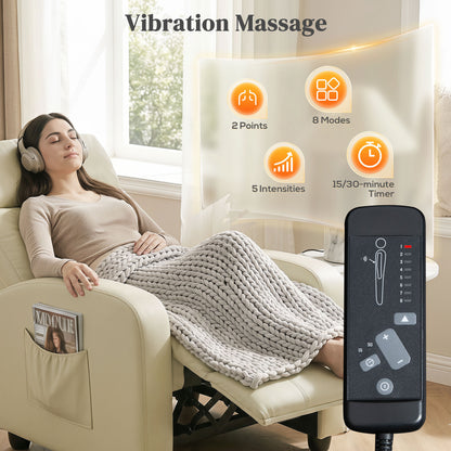 PU Leather Reclining Massage Armchair | 8 Modes 5 Intensity Levels | 2 Vibration Points | 150° Recline with Footrest | Remote Control | Side Pocket | 120kg | 68x88x98cm | Cream / Brown