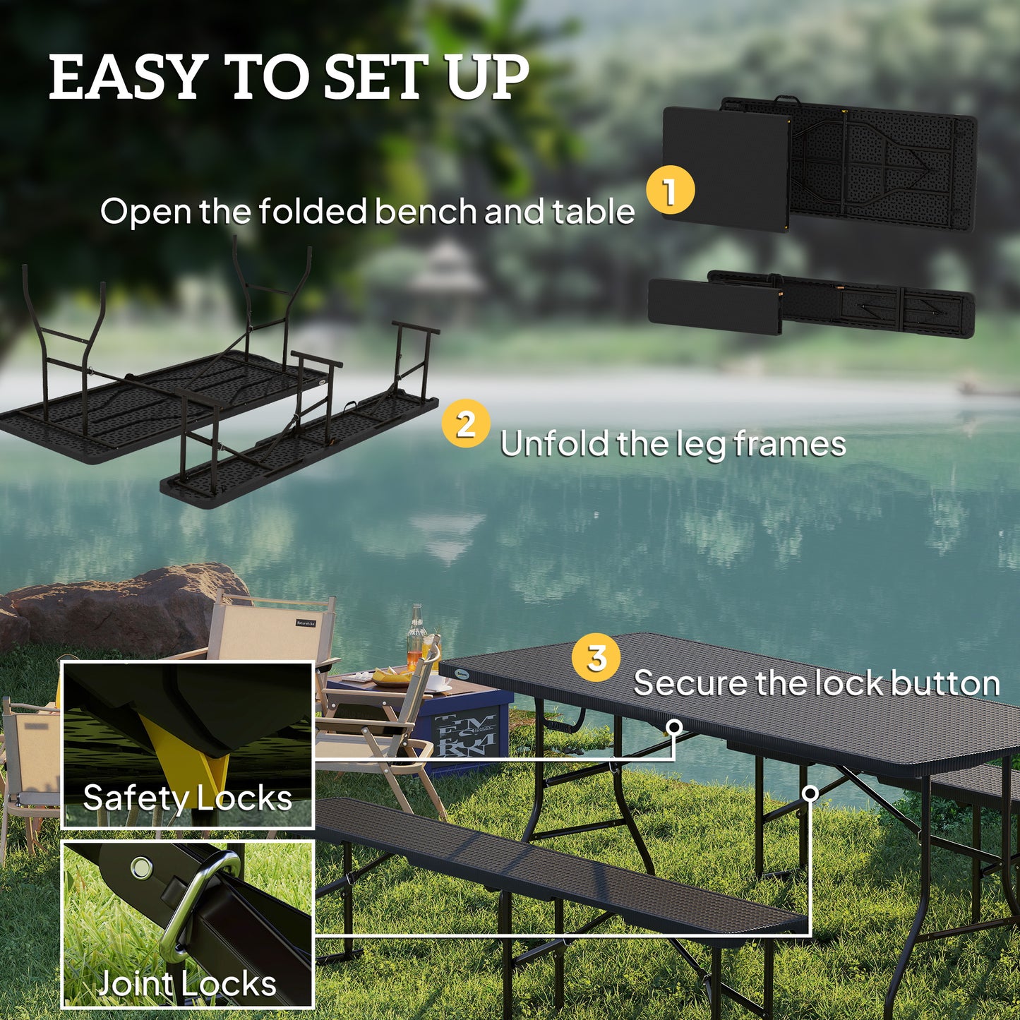 Folding Picnic Table and Bench Set, Rattan Effect Portable Camping Table and Chairs for Indoor Outdoor, Dining, Camping, Picnic, BBQ, Party