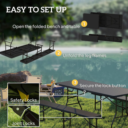 Folding Picnic Table and Bench Set, Rattan Effect Portable Camping Table and Chairs for Indoor Outdoor, Dining, Camping, Picnic, BBQ, Party
