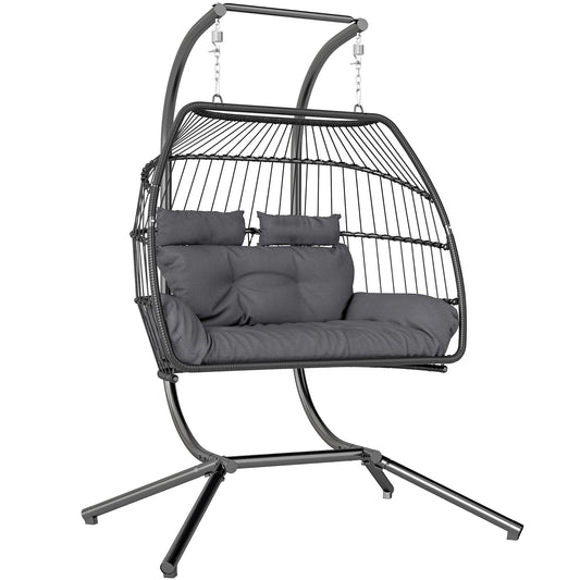 Outsunny Rattan Double Hanging Egg Chair with Stand, Foldable Wicker Swing Egg Chair with Cushion, Head Pillows, Steel Frame, Hammock Chair for Indoor Outdoor