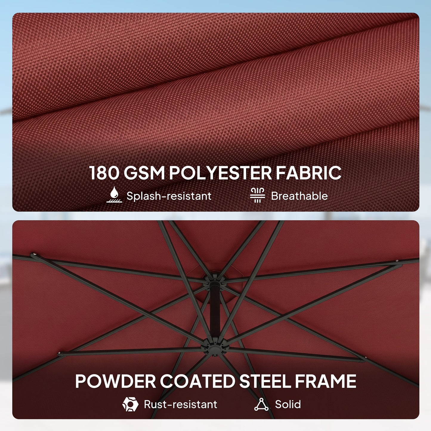 3m Cantilever Parasol with Cross Base | Crank Lift | Adjustable Angle | UV Resistant | 8-Rib | Wine Red