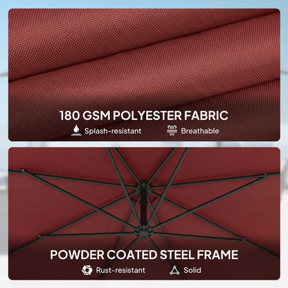 3m Cantilever Parasol with Cross Base | Crank Lift | Adjustable Angle | UV Resistant | 8-Rib | Wine Red