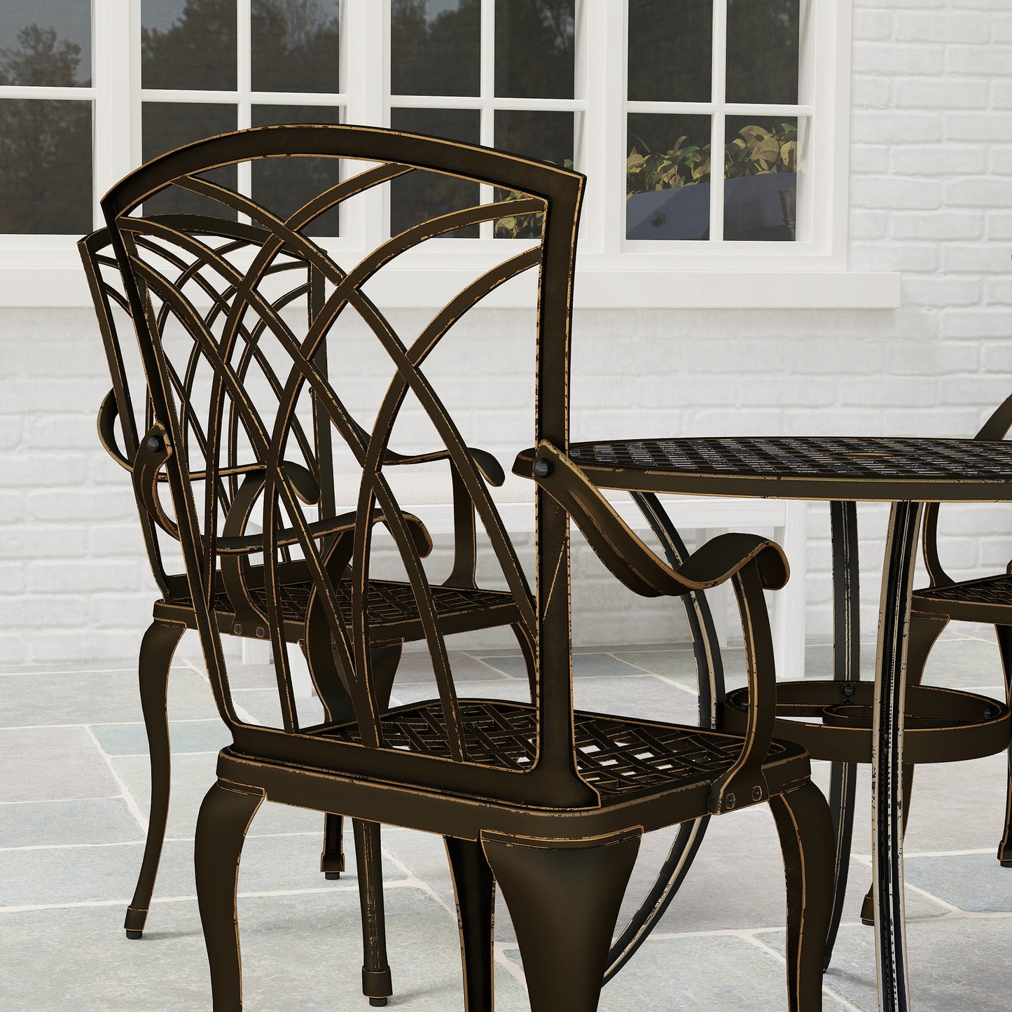 5 Piece Cast Aluminium Garden Dining Set | 4 Armchairs | Round Table Dia 85cm | 50mm Parasol Hole | Adjustable Feet | 160kg | Bronze Tone
