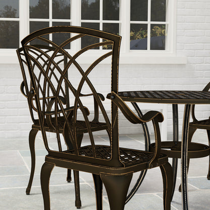 5 Piece Cast Aluminium Garden Dining Set | 4 Armchairs | Round Table Dia 85cm | 50mm Parasol Hole | Adjustable Feet | 160kg | Bronze Tone