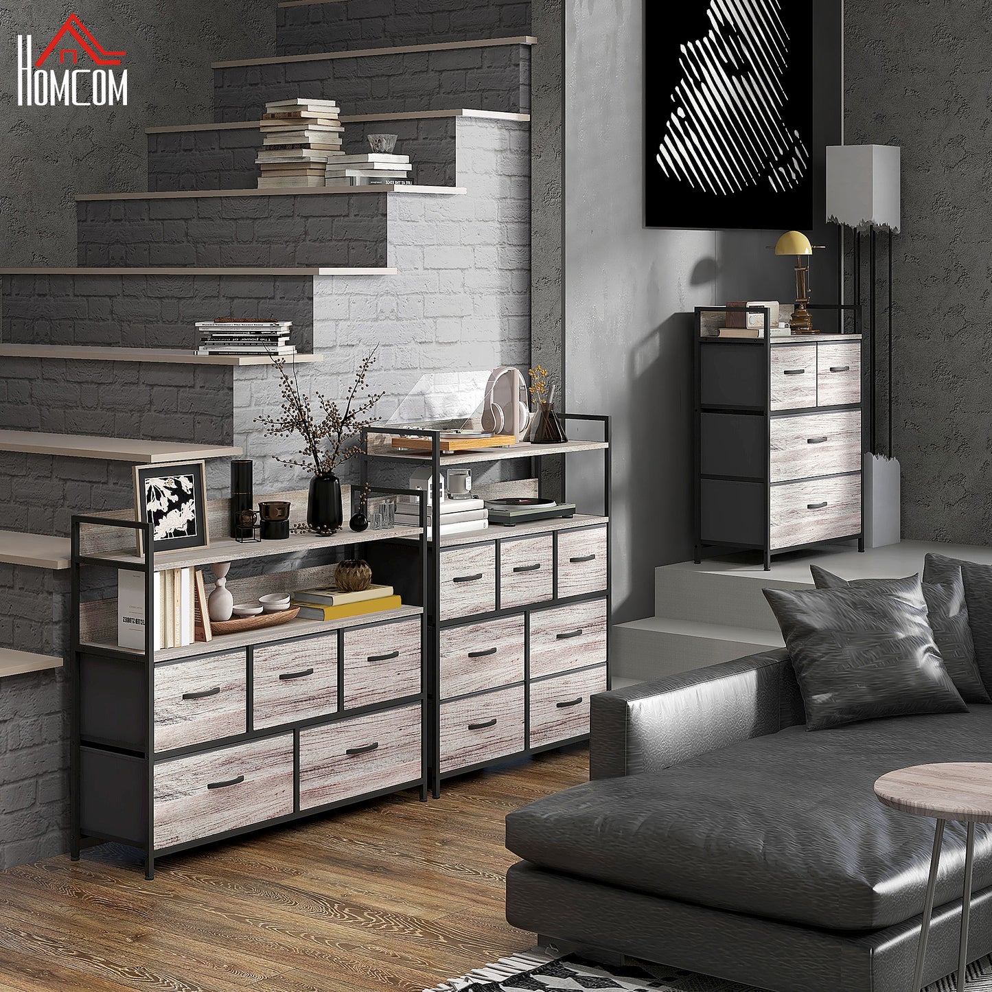 Retro Style Rustic Chest of Seven Fabric Drawers - Grey Wood Effect