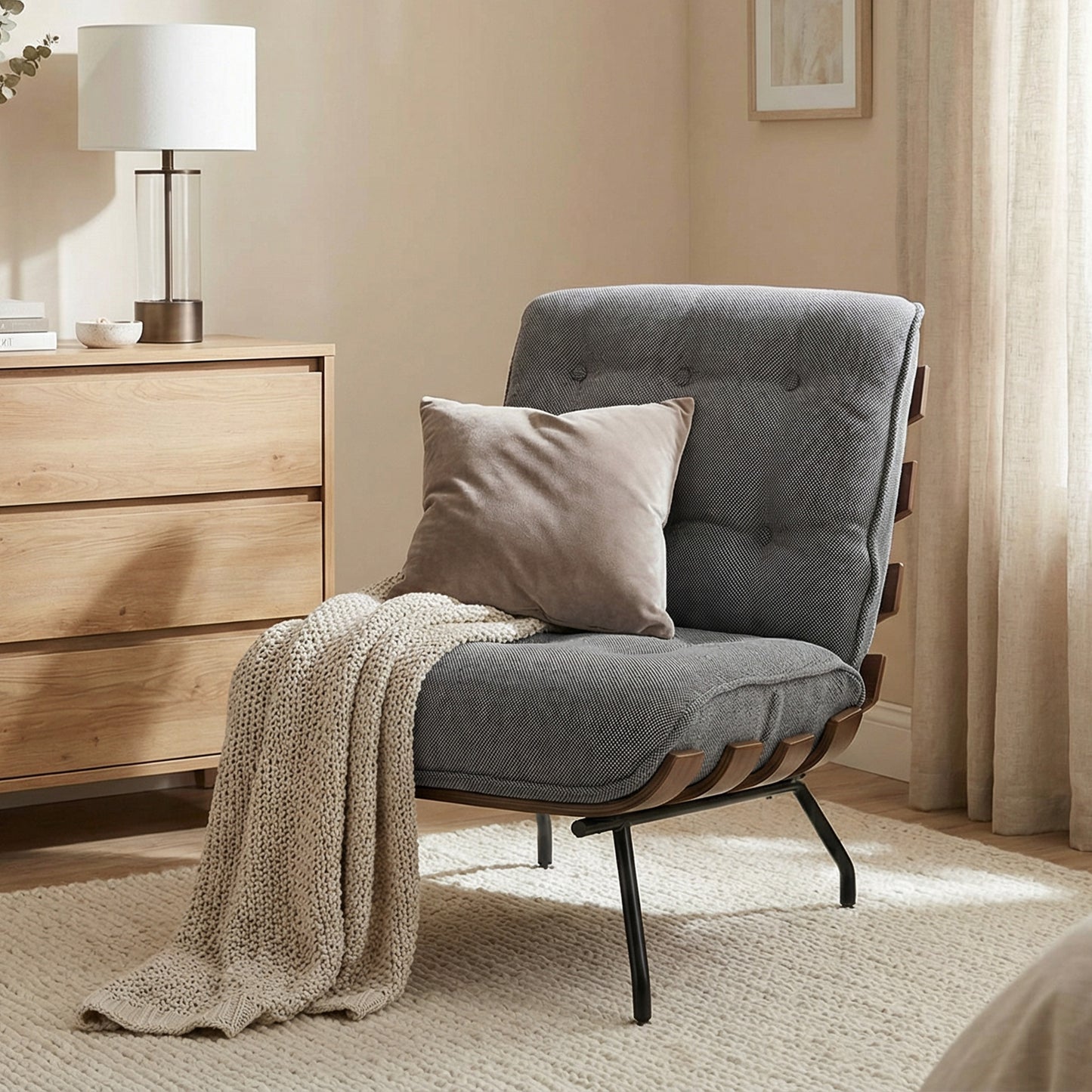 Accent Chair & Reading Chair | 15cm Pocket Spring Cushions | Button-Tufted | Linen-Look Fabric | Removable Cushions | 120kg | Dark Grey