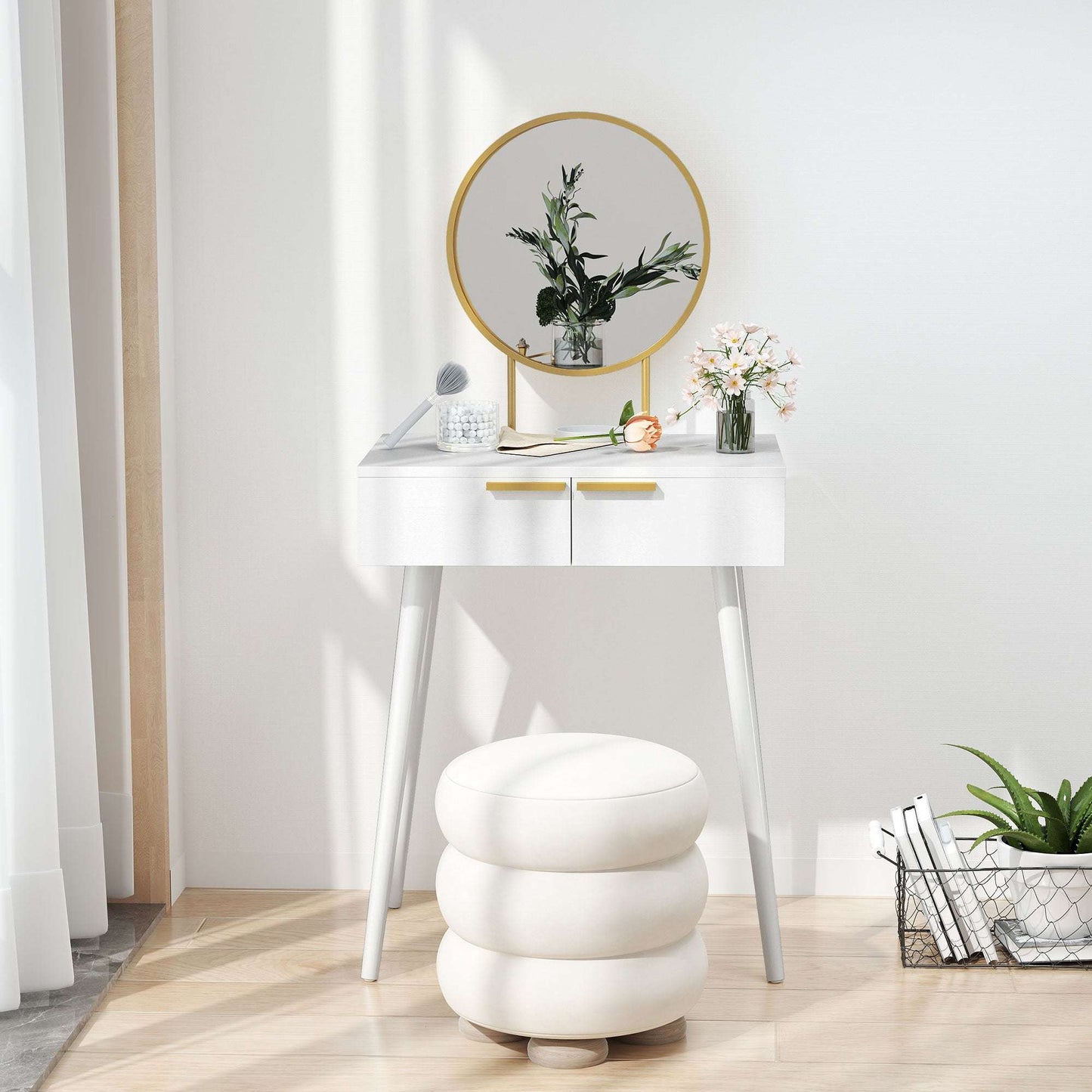 Dressing Table with Round Mirror - White