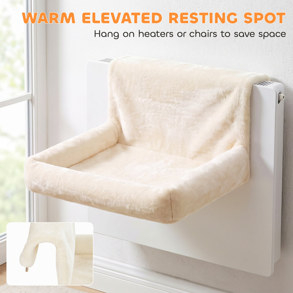 PawHut Cat Radiator Bed | Cream Plush Hanging Hammock | Foldable Steel Frame & Removable Washable Cover | 48 × 43cm | Cats up to 5kg