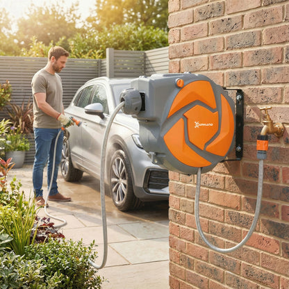 10m Wall Mounted Auto Rewind Garden Hose Reel | 7 Pattern Spray Nozzle | 180° Swivel Bracket | 10 Bar | Orange