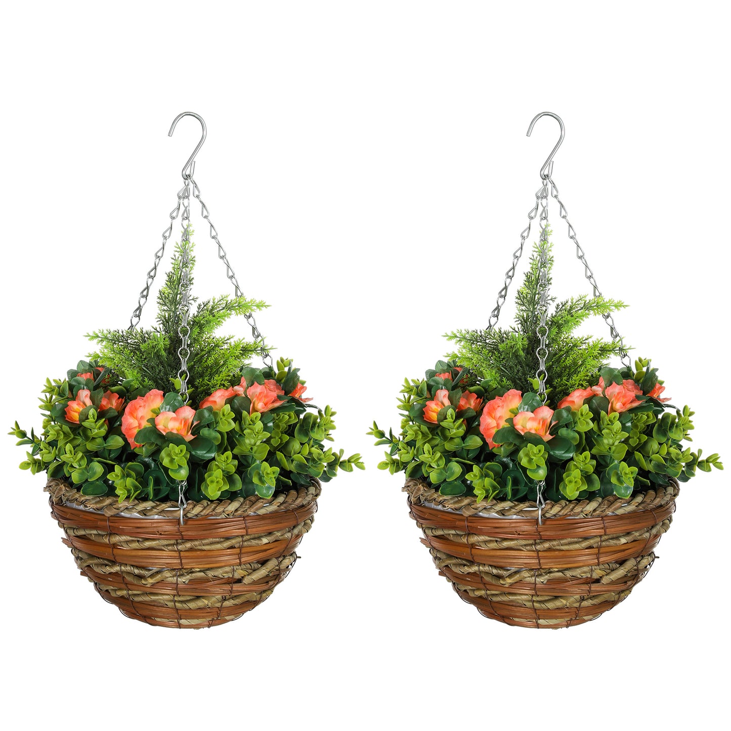 Pack of 2 Faux Plant Artificial Lisianthus Flowers Hanging Planter with Basket for Indoor Outdoor Decoration, Orange / Yellow