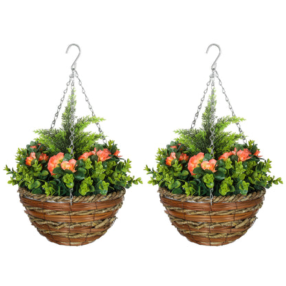 Pack of 2 Faux Plant Artificial Lisianthus Flowers Hanging Planter with Basket for Indoor Outdoor Decoration, Orange / Yellow