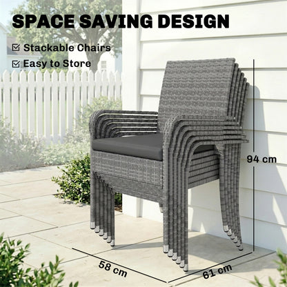7-Piece Rattan Garden Furniture Set | 6 Seater | Extendable Acacia Wood Table 100-150cm | 6 Stackable High-Back Armchairs | Washable Cushion Covers | PE Rattan & Steel Frame | Light Grey