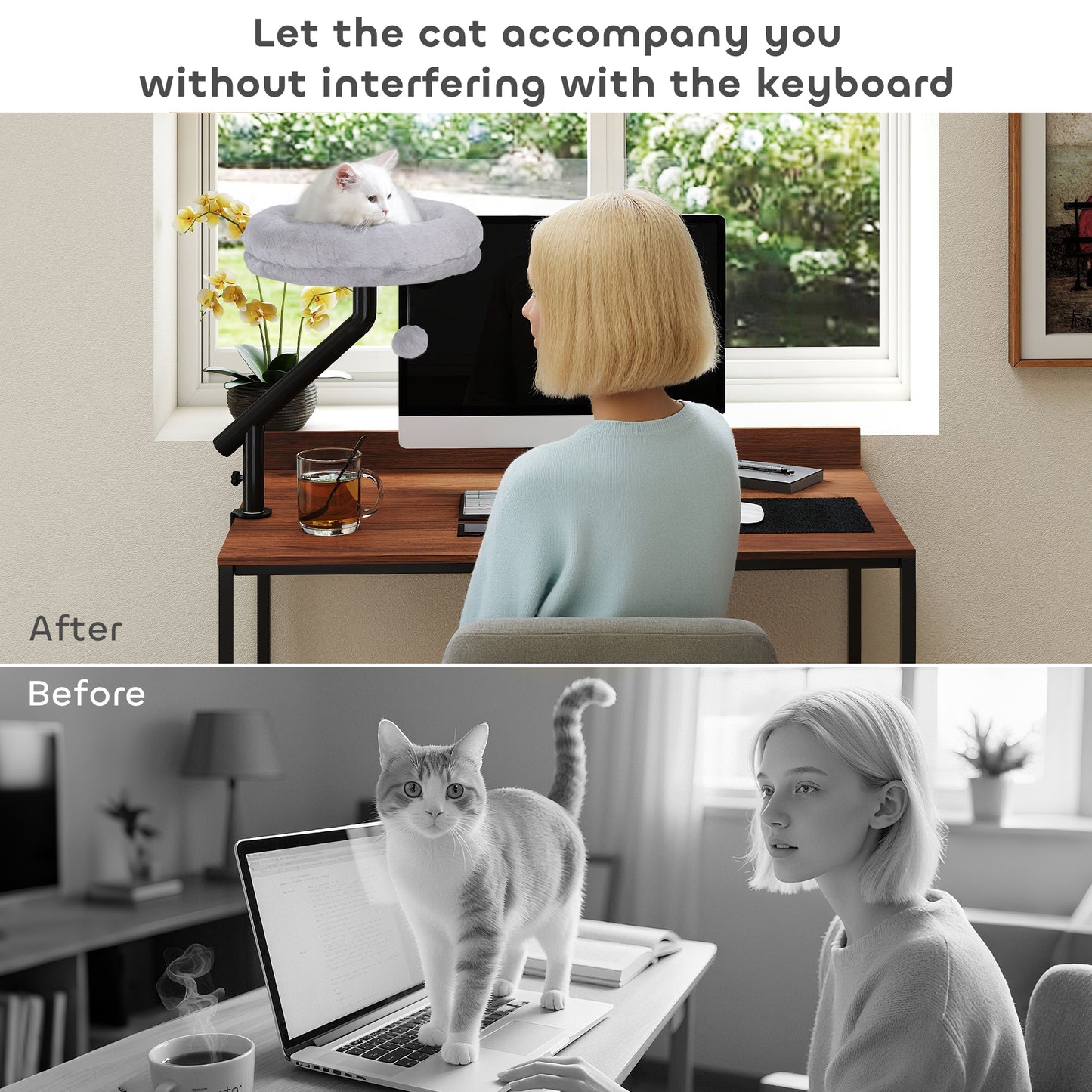 PawHut Cat Desk Bed, Cat Hammock 360° Rotatable Adjustable for Window, Table, Work, Grey
