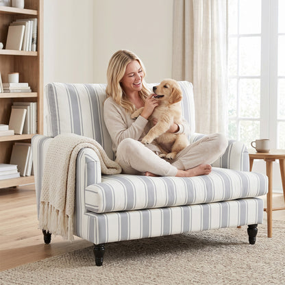 Velvet Accent Armchair | Stripe Design | Turned Rubberwood Legs | 12cm Seat Cushion | 24cm Back Cushion | Wide 90cm Seat | 120kg | 115x82x82cm | Grey & Black