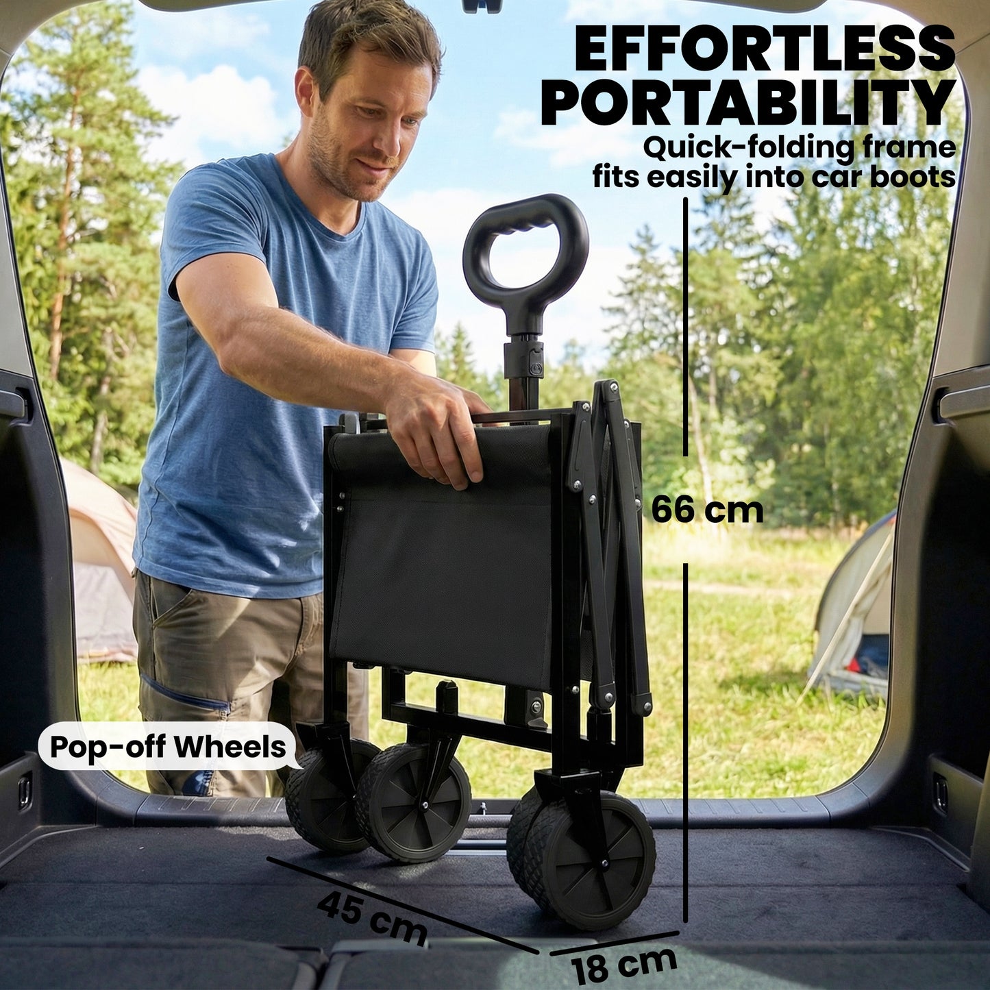 80L Foldable Festival Camping Trolley | Drop-Down Tailgate | Adjustable Handle | 2 Cup Holders | Storage Bags | Quick Release Wheels | 150kg | Black