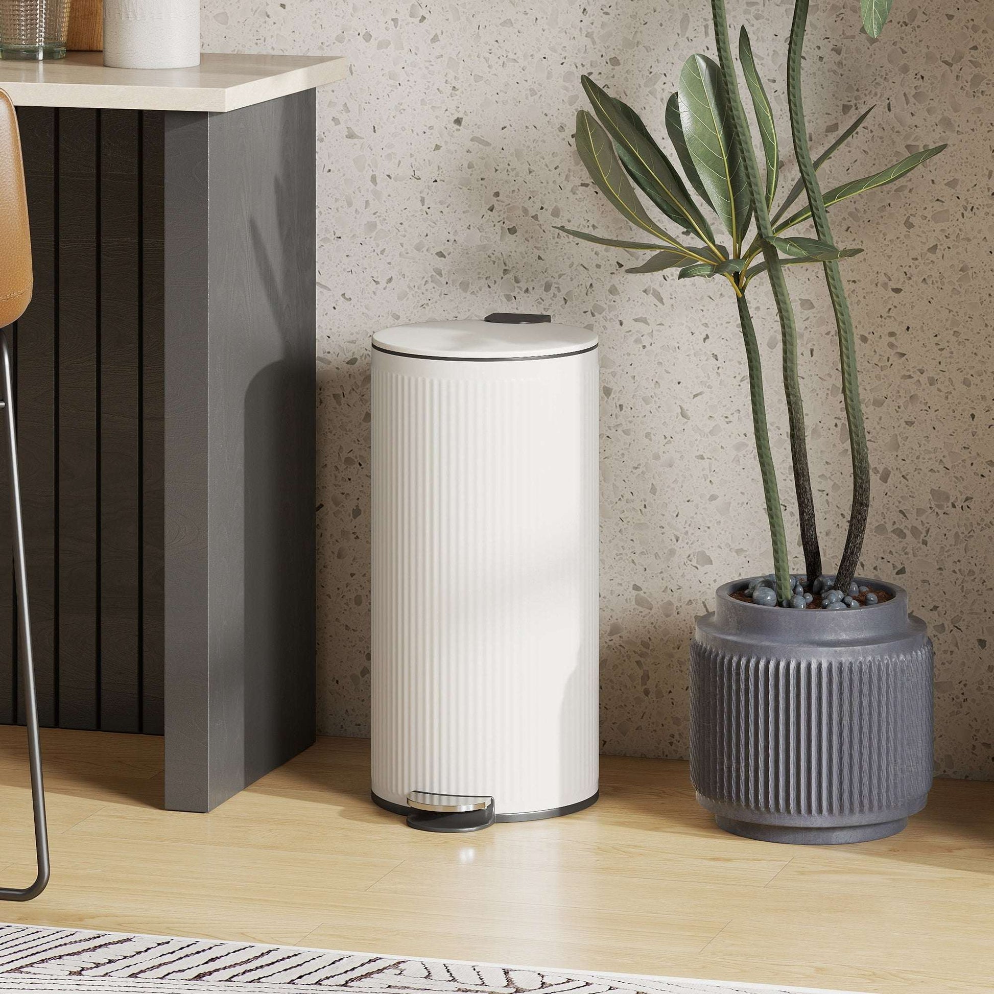 30L Kitchen Pedal Bin | Soft-Close Lid | Removable Inner Bucket | Lid Stay-Open | Fingerprint-Proof | Vertical Striped Metal & PP | Fully Assembled | 36x30x60.5cm | Cream